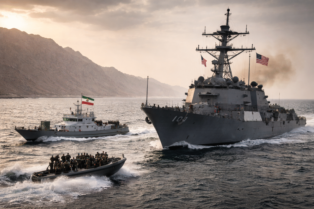 A U.S. Navy destroyer intercepting a smaller vessel in open water near a mountainous coastline, with a military boat carrying personnel approaching in the foreground.