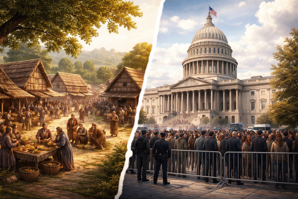 Split image showing a medieval village with people trading and gathering on one side, and a modern government building with police barriers and a crowd on the other, illustrating contrast between decentralized society and centralized authority