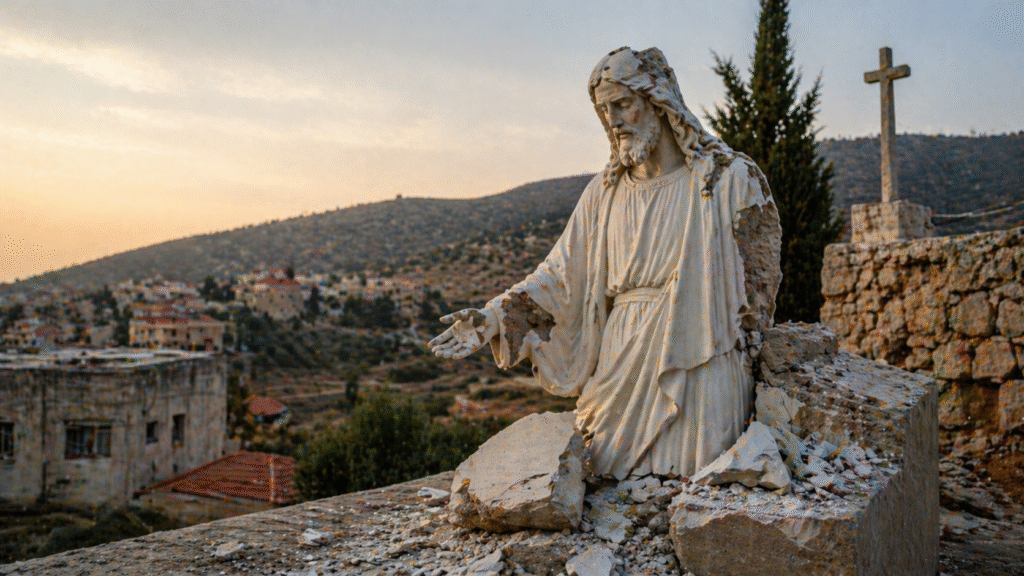 Damaged statue of Jesus with broken stone base overlooking a hillside village at sunset, symbolizing destruction in a religious setting