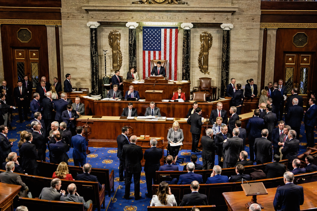 Legislative chamber filled with lawmakers in suits gathered around desks and aisles beneath a large American flag, capturing an active congressional session.