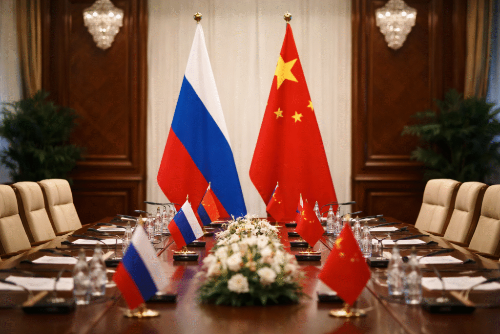 Russian and Chinese national flags displayed in a formal conference room set for diplomatic talks between officials