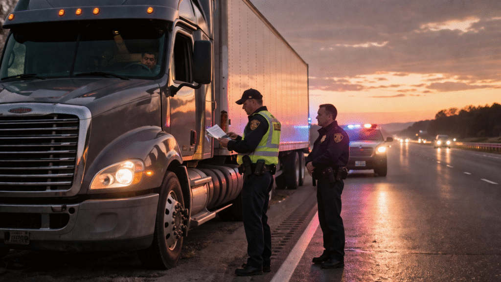 Law enforcement officers conducting a roadside inspection of a commercial truck on a highway at sunset with police vehicles and flashing lights in the background