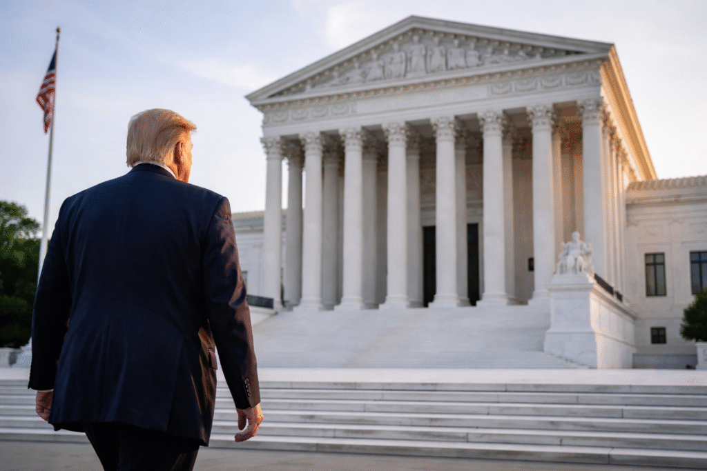 President Donald Trump seen from behind walking toward the U.S. Supreme Court building at sunrise with columns and American flag visible