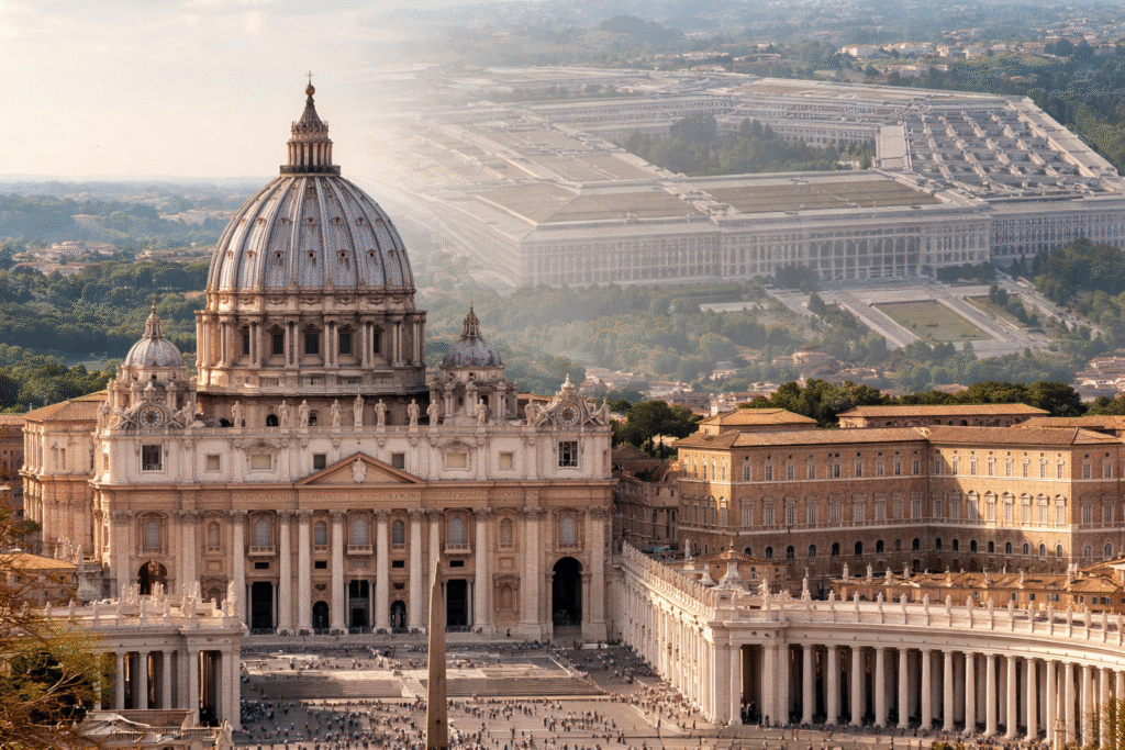 St. Peter’s Basilica and Vatican City in daylight with a faint overlay of the Pentagon building in the background, symbolizing diplomatic relations between the United States and the Holy See
