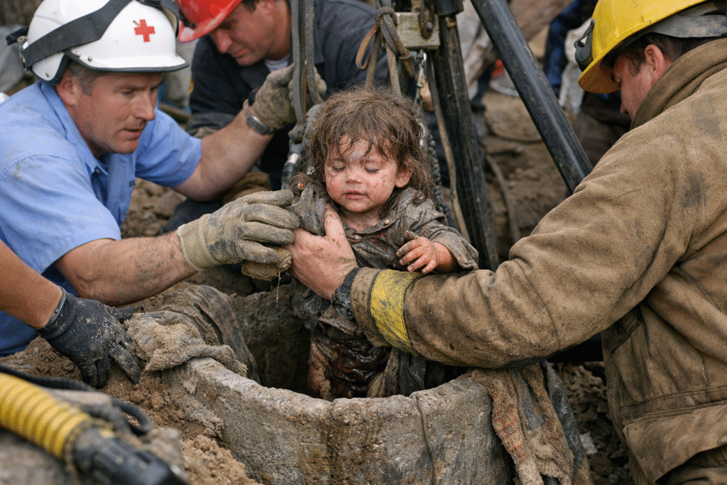 Rescue workers carefully lifting a dirt-covered toddler from a narrow well during an emergency extraction operation.
