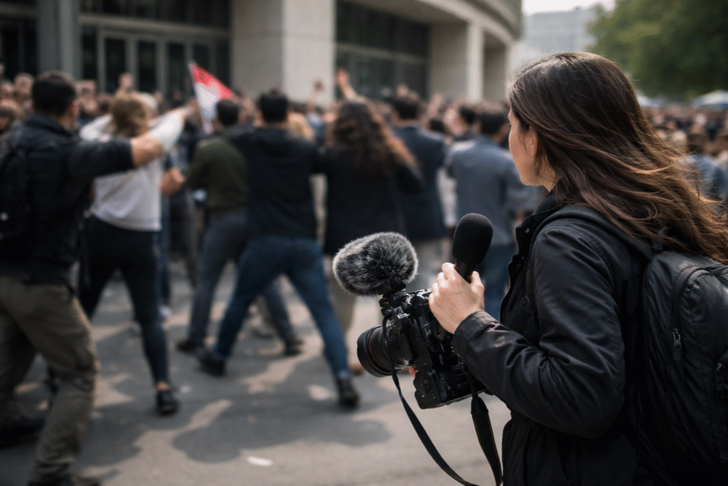 Journalist backing away from a crowded protest near a government building during a tense public demonstration.