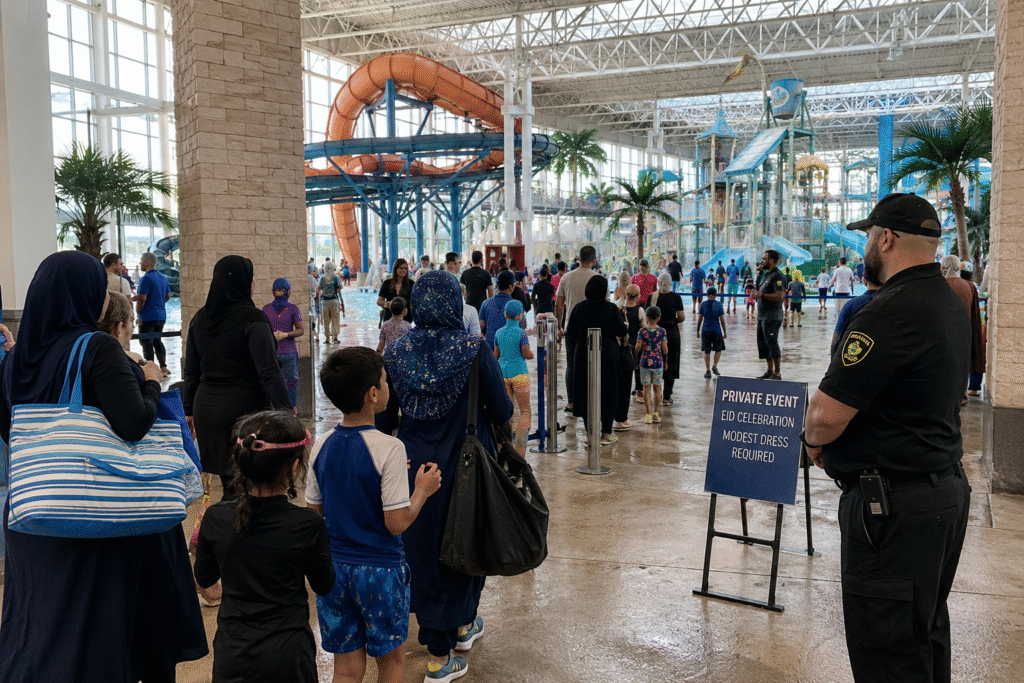Families in modest swimwear gather inside a large indoor water park in Texas as security personnel monitor the entrance during a private Eid celebration event.