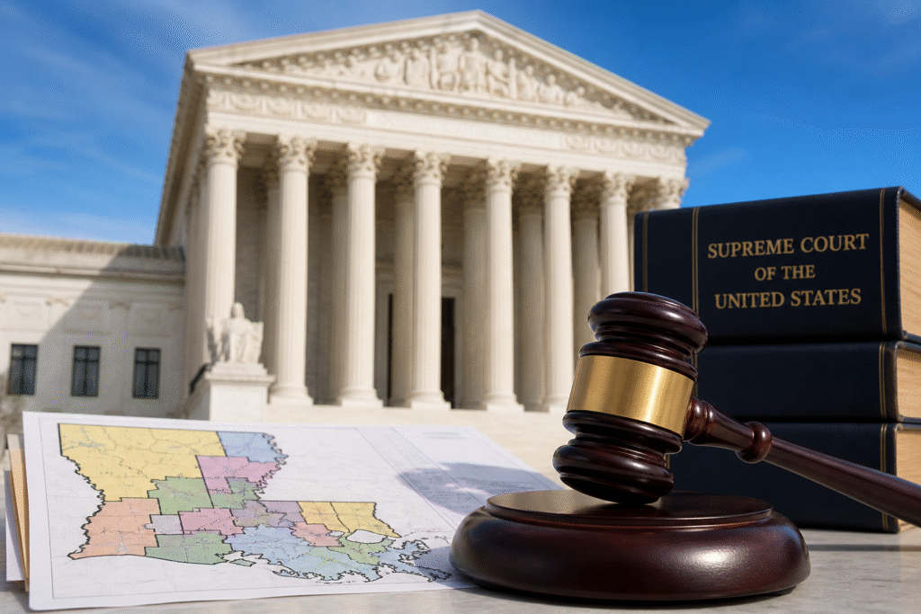 Exterior of the US Supreme Court building with legal documents and a map symbolizing redistricting decisions.