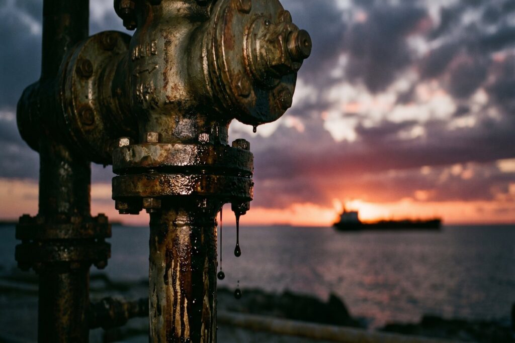 Close-up of an oil pipeline valve dripping crude oil at sunset with a cargo ship blurred in the background over the ocean.