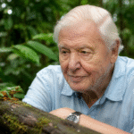Elderly naturalist observing a small frog on a moss-covered log in a lush tropical forest environment.