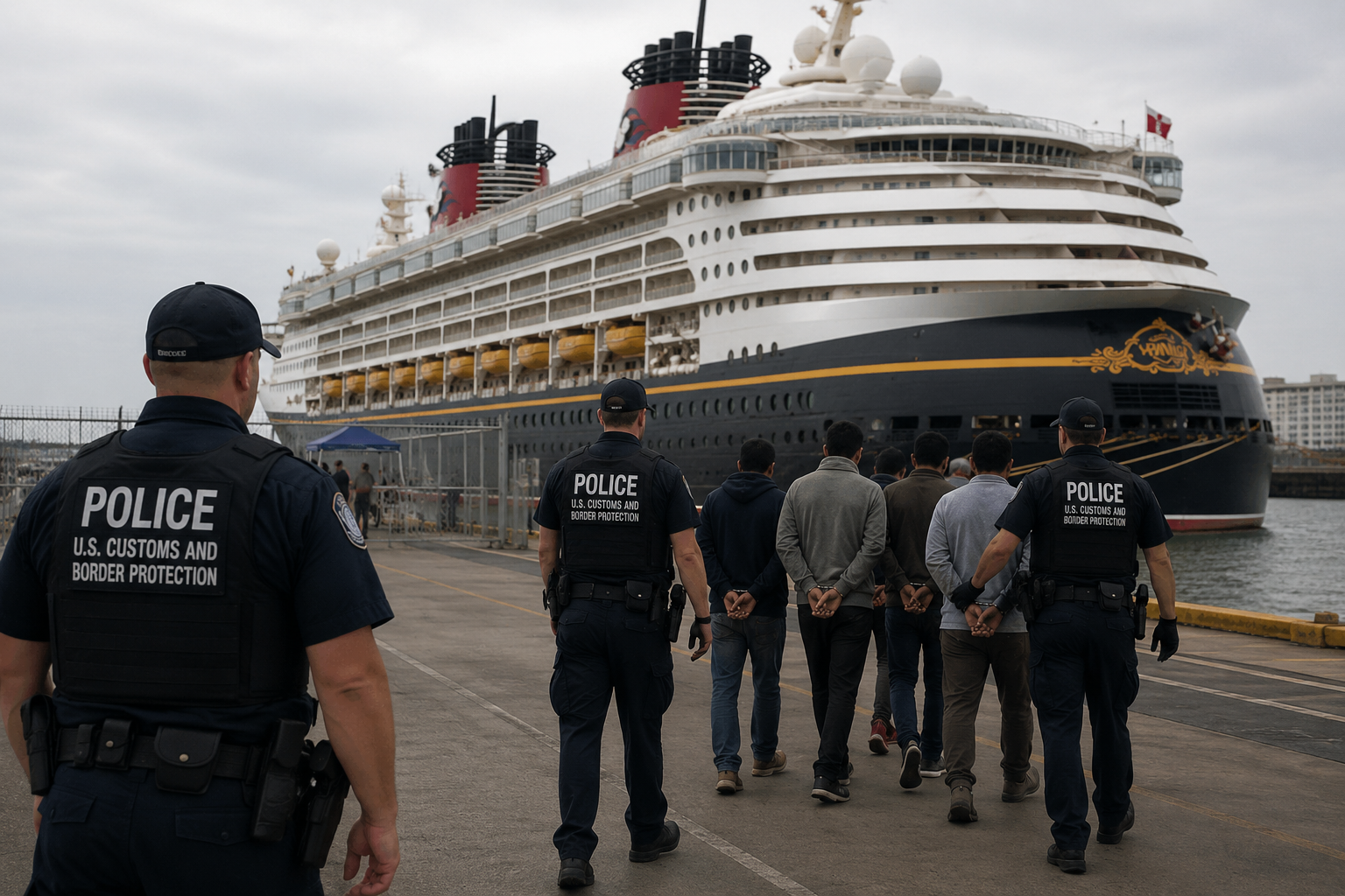 U.S. Customs and Border Protection officers escort detained cruise ship workers along a dock beside a large cruise liner during an investigation at a harbor terminal.