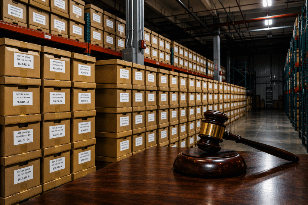 Warehouse-style legal archive filled with labeled case file boxes beside a judge’s gavel on a wooden table during a high-profile Department of Justice investigation.