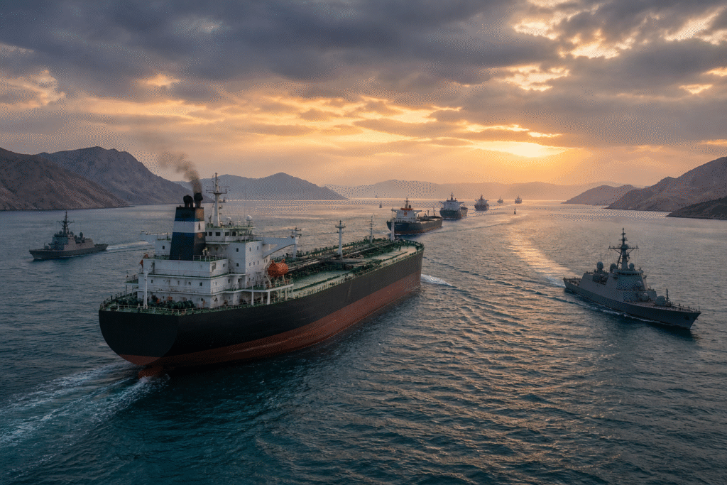 Oil tanker escorted by naval vessels in the Strait of Hormuz under tense atmospheric conditions