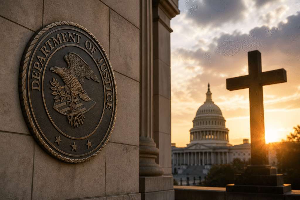 Department of Justice seal on a government building with the U.S. Capitol and a cross visible at sunset, symbolizing religion and government interaction.