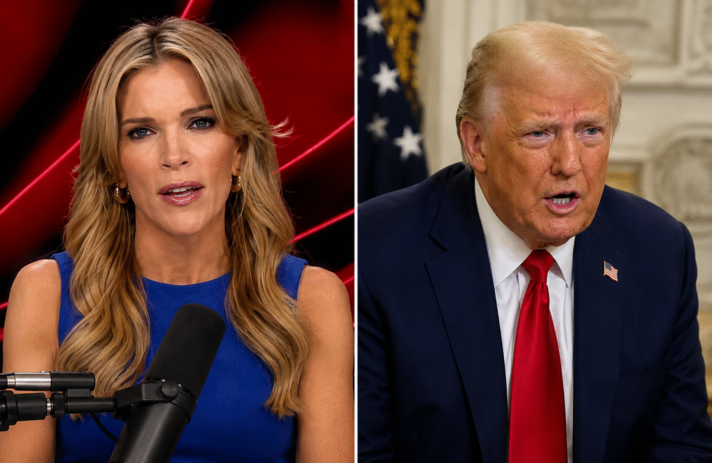 Split-screen image showing Megyn Kelly speaking into a podcast microphone in a studio on the left, alongside Donald Trump speaking during an interview in a formal White House setting on the right.