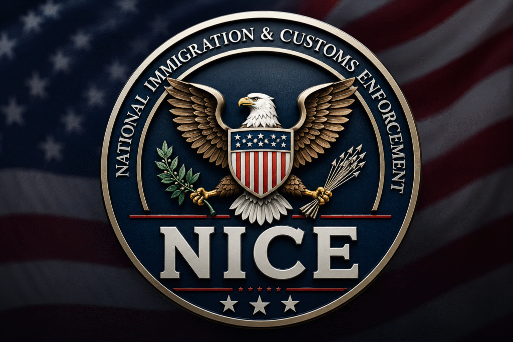 Official-style NICE emblem featuring a bald eagle with spread wings above the words National Immigration & Customs Enforcement against a blurred American flag background.