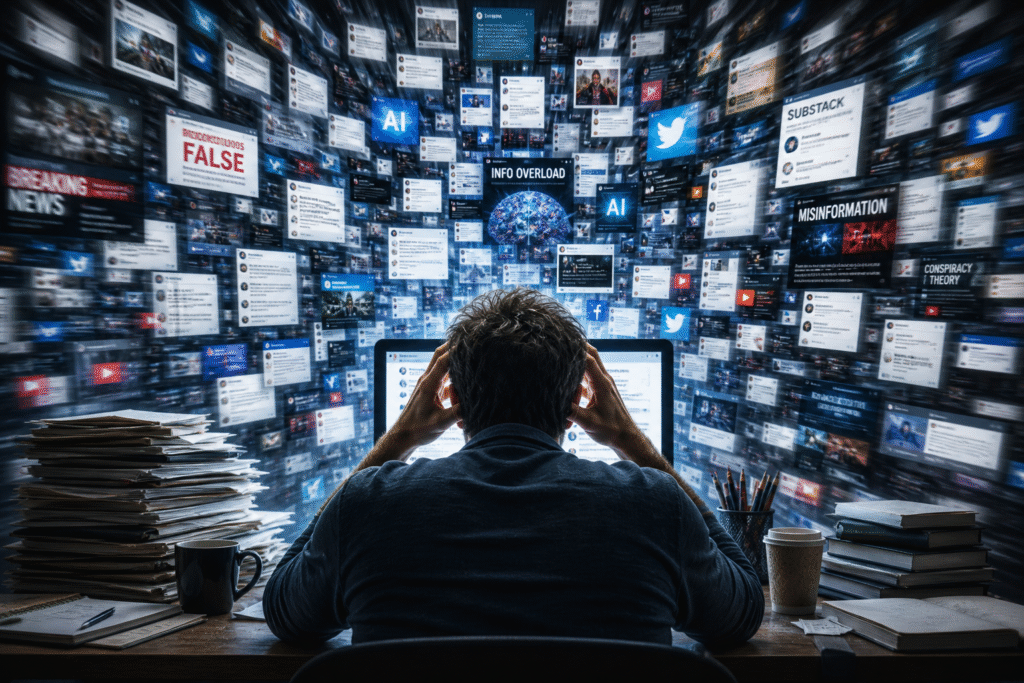 Person sitting at a desk overwhelmed by a flood of digital news, social media feeds and AI-generated content on multiple screens, symbolizing information overload.