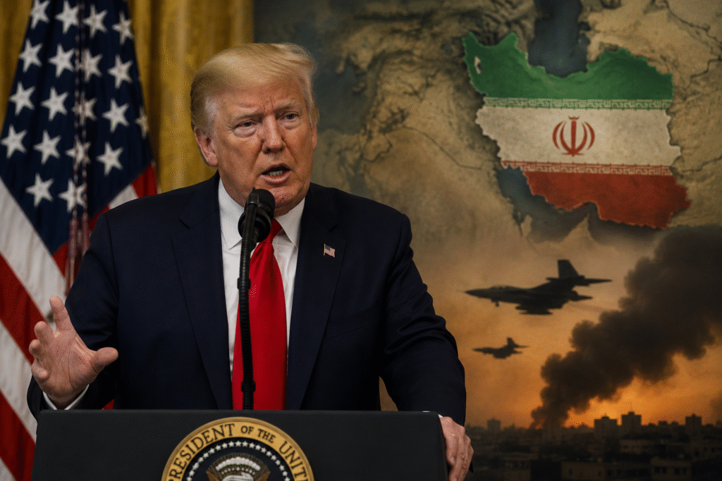 President Donald Trump speaking at a podium while discussing Iran and potential renewed military action, with symbolic imagery of Iran and military aircraft in the background.