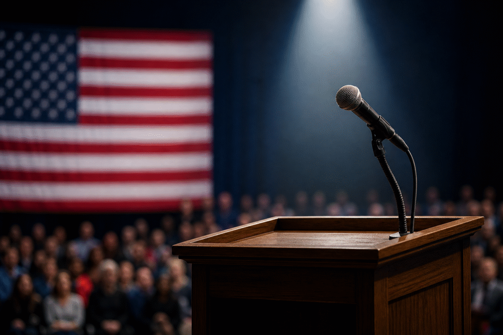 Empty podium with microphone under spotlight in a town hall setting, symbolizing political debate over voting systems and electoral reform.