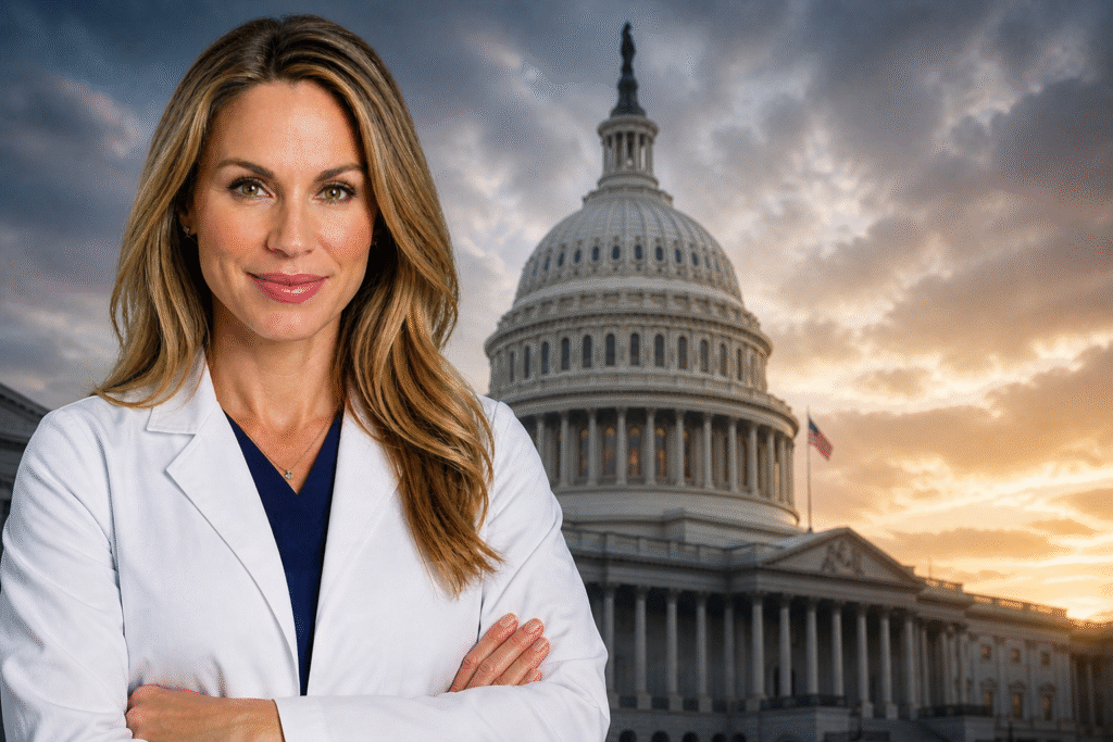 Female doctor in a white coat standing with arms crossed in front of the U.S. Capitol building at sunset