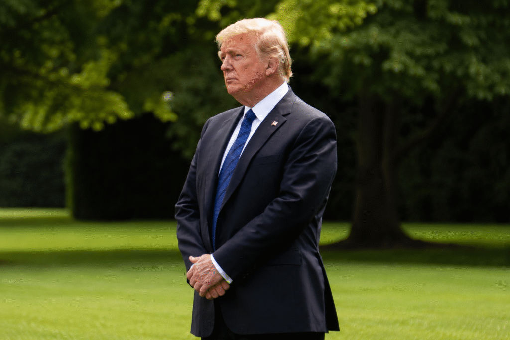Elderly man in a dark suit standing solemnly on a grassy lawn with trees blurred in the background outdoors.