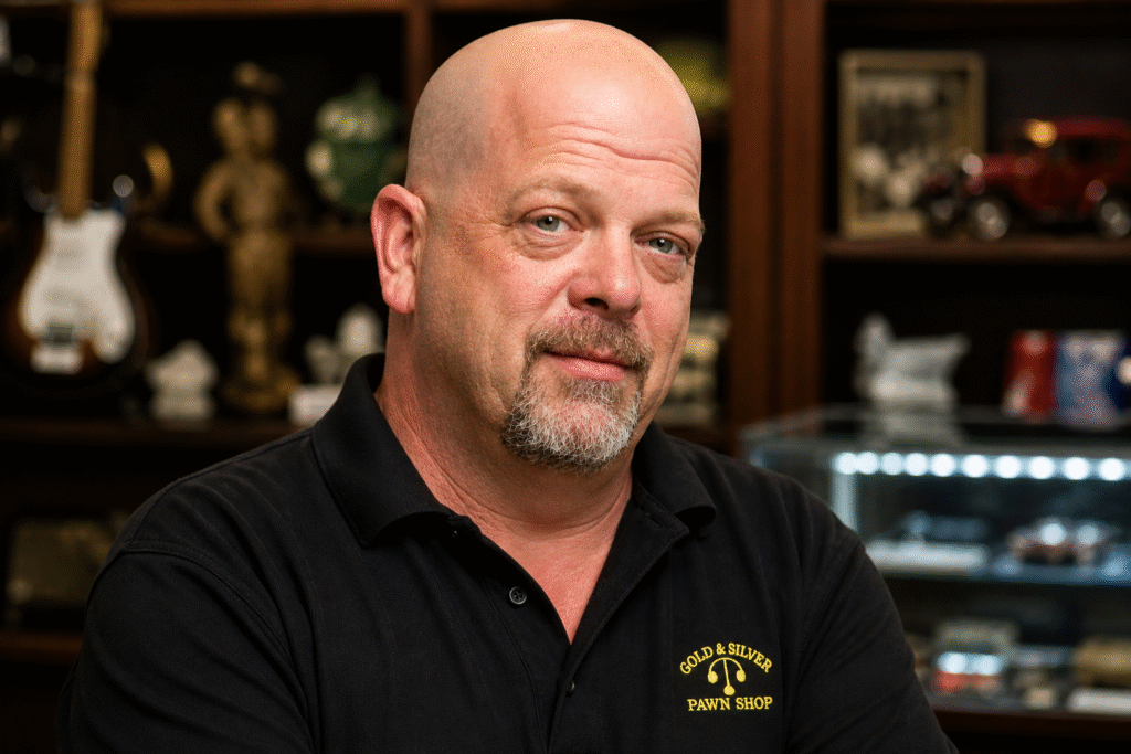 Portrait of a bald middle-aged man with a trimmed beard wearing a black collared shirt, standing in a pawn shop with blurred shelves of collectibles in the background.