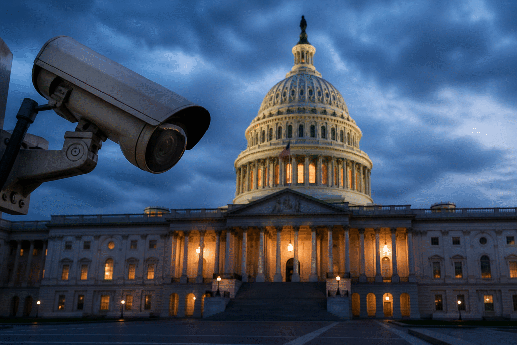 Surveillance camera facing the U.S. Capitol building at dusk under cloudy skies