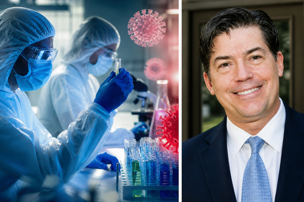 Split image showing scientists in protective gear working with test tubes in a laboratory on the left, and a smiling middle-aged man in a suit on the right against a neutral background.