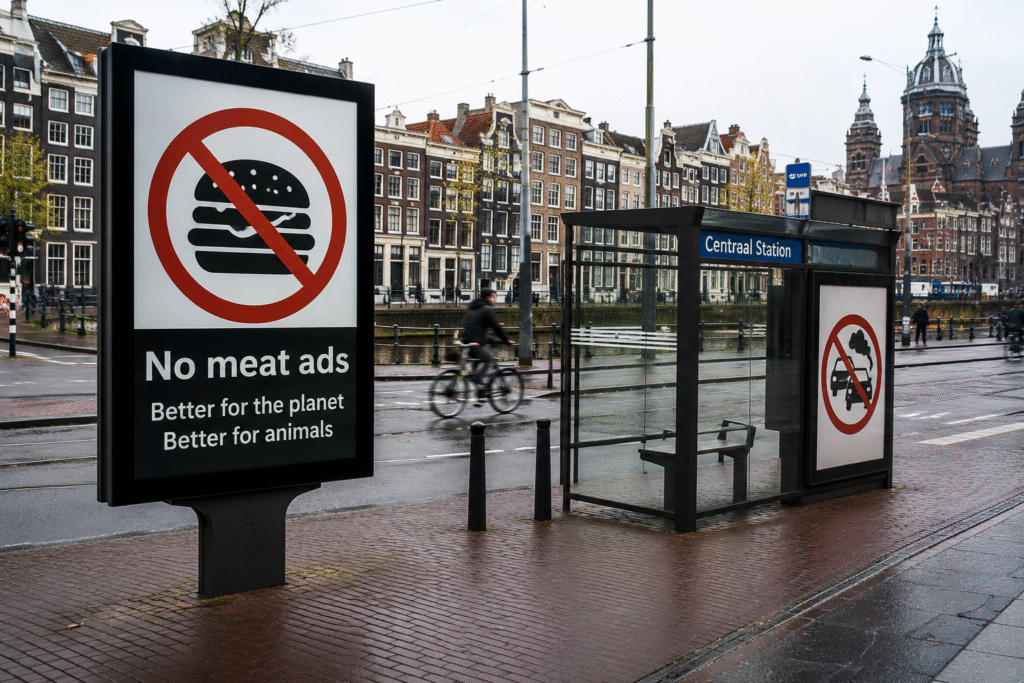 Public advertising boards in Amsterdam displaying anti-meat and anti-fossil fuel campaign imagery along a rainy city street with tram shelters and canal-side buildings in the background.