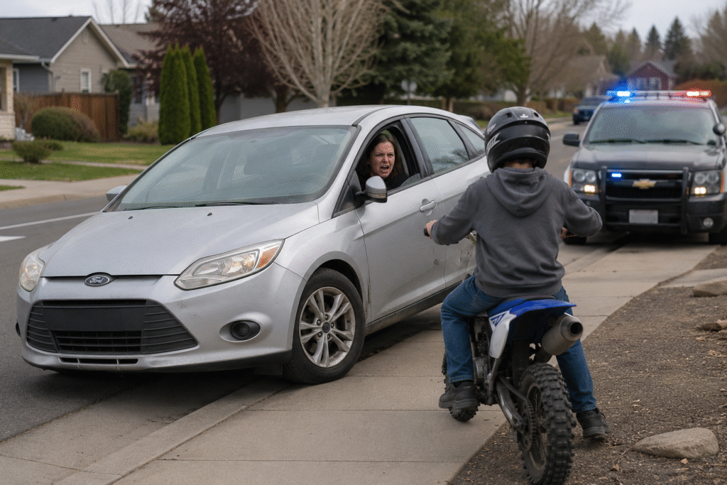 A silver sedan partially blocking a suburban sidewalk while a dirt bike rider faces the vehicle, with police lights visible in the background during a tense neighborhood incident.