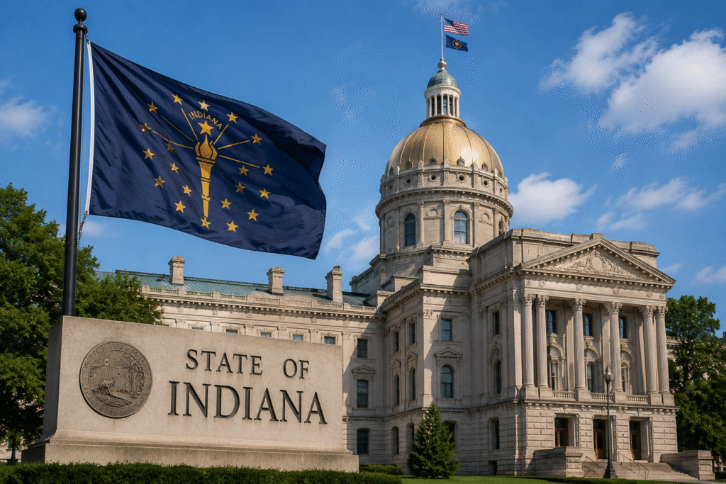 Indiana Statehouse building with the Indiana state flag waving in front during a sunny day, symbolizing Republican primary election battles and state politics.