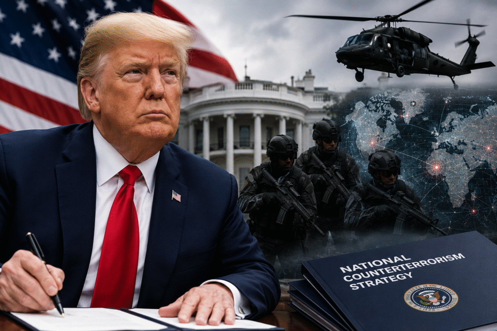 President Donald Trump seated at a desk in front of the White House and American flag during a symbolic counterterrorism strategy scene with military personnel and surveillance imagery.