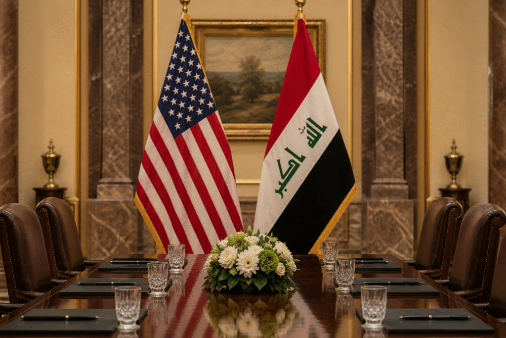 United States and Iraq flags displayed together in a formal meeting room symbolizing diplomatic relations
