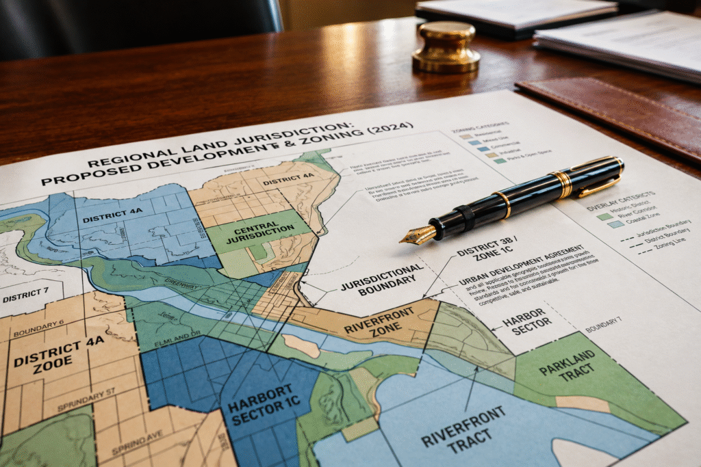 Close-up of a legislative zoning and district boundary map on a wooden desk with a fountain pen placed across the document in an office setting.