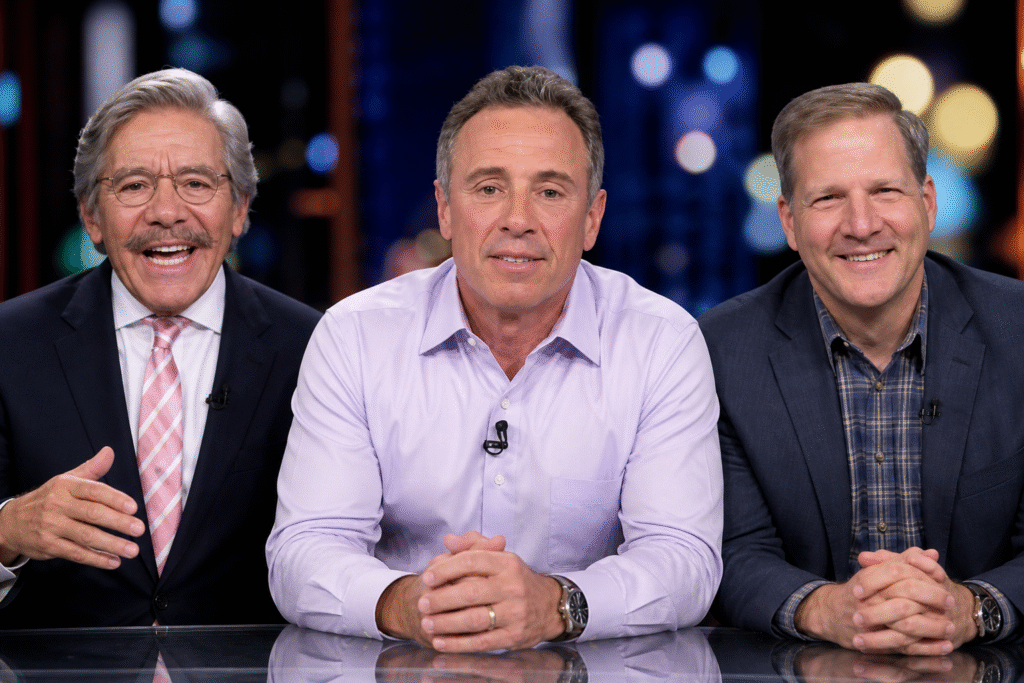 Three male television commentators seated side by side in a studio, facing the camera with neutral to engaged expressions against a softly blurred newsroom-style background.