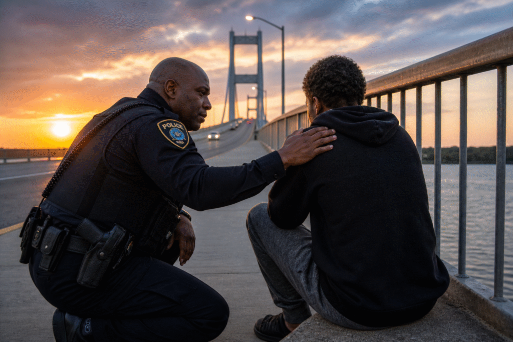 Police officer reaching out to comfort a distressed individual on a bridge during an emotional crisis intervention at sunset.