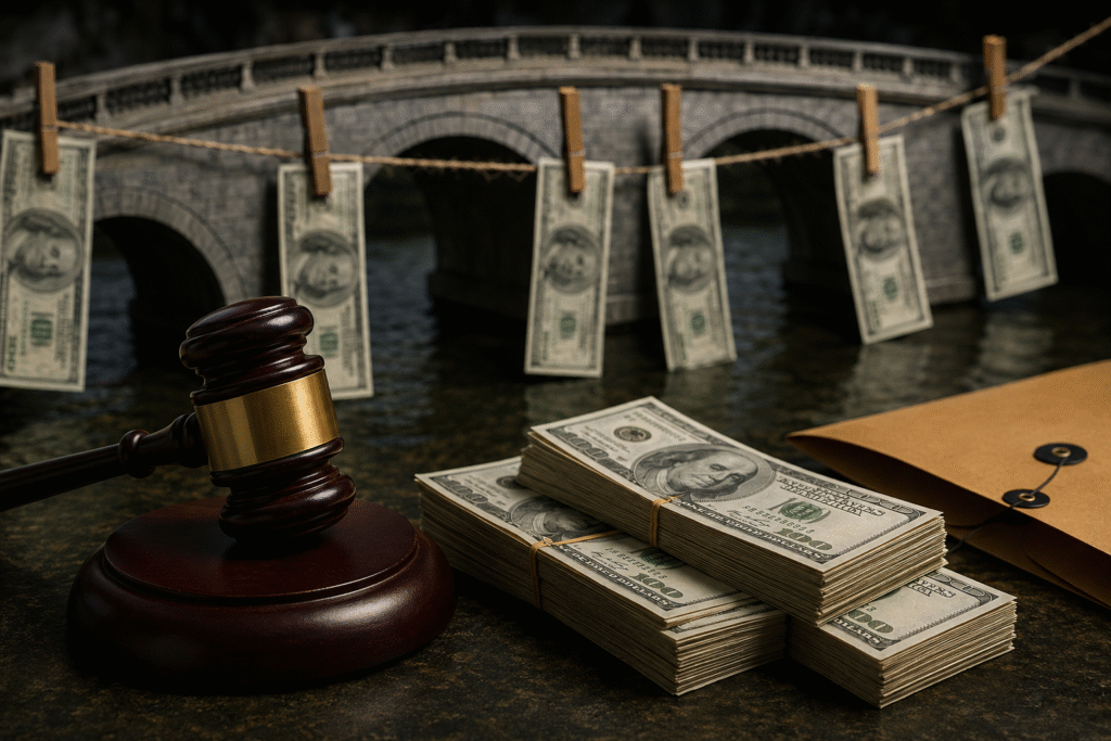 Wooden judge’s gavel beside stacks of U.S. currency and legal documents, with banknotes hanging on a clothesline in front of a stone bridge as a symbolic representation of money laundering and financial crime investigations.