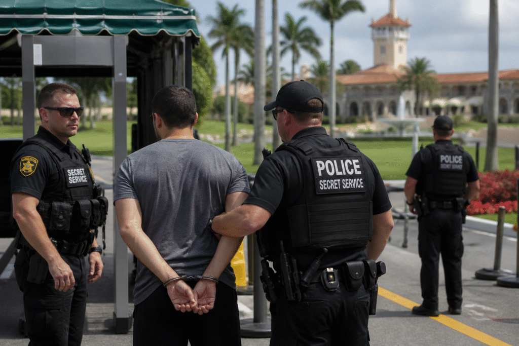 Secret Service agents detain a handcuffed man at a security checkpoint outside a resort-style golf club with palm trees and a Mediterranean-style building in the background