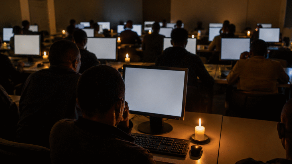 Dimly lit room filled with people seated at desks facing blank computer screens, illuminated by small candles placed beside the monitors, symbolizing power outages and electricity shortages.