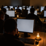 Dimly lit room filled with people seated at desks facing blank computer screens, illuminated by small candles placed beside the monitors, symbolizing power outages and electricity shortages.