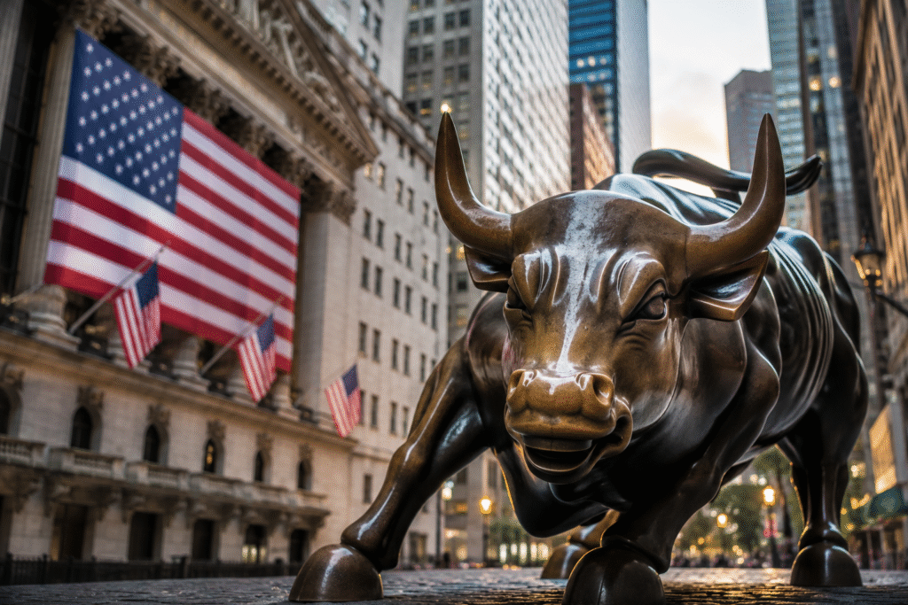 Bronze bull statue stands in New York’s financial district with American flags and skyscrapers in the background, symbolizing Wall Street market strength and investor optimism.