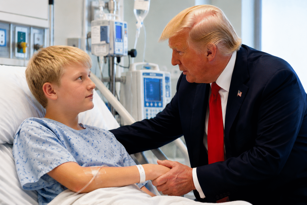 Young blond boy in a hospital bed looks toward President Donald Trump while holding his hand during a supportive visit in a modern medical room.