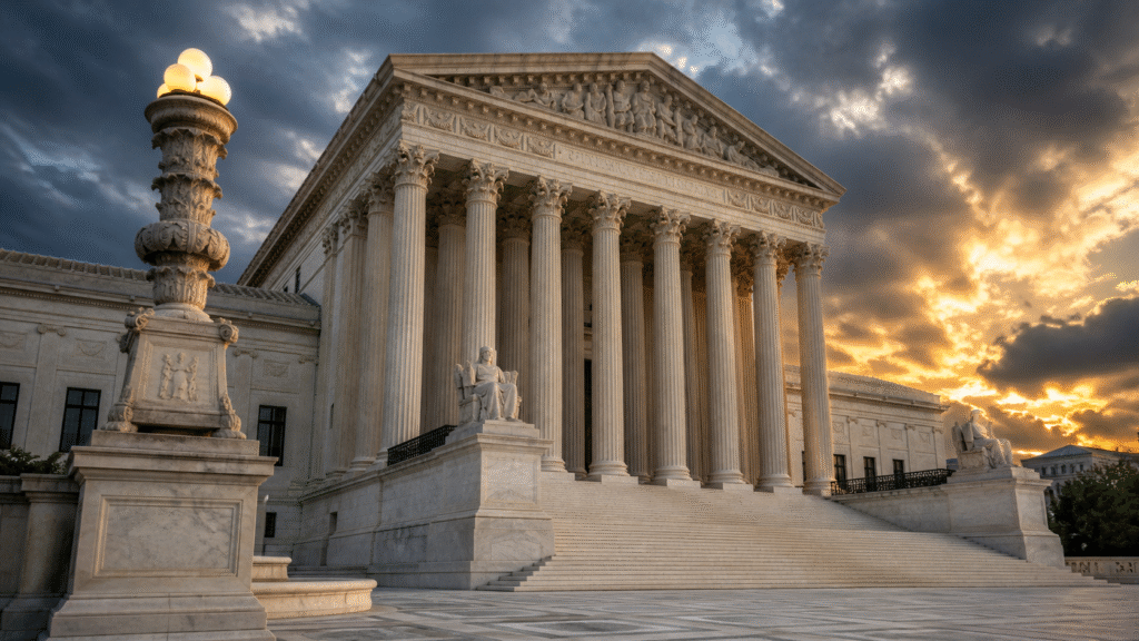 United States Supreme Court building with columns and steps under dramatic sunset sky