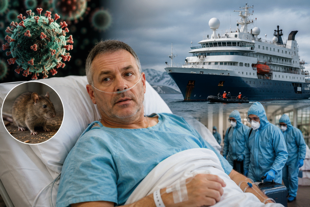 News-style composite image showing a hospitalized cruise ship passenger with oxygen support beside the MV Hondius, hazmat-suited health workers, virus imagery, and a rat symbolizing the hantavirus outbreak investigation.