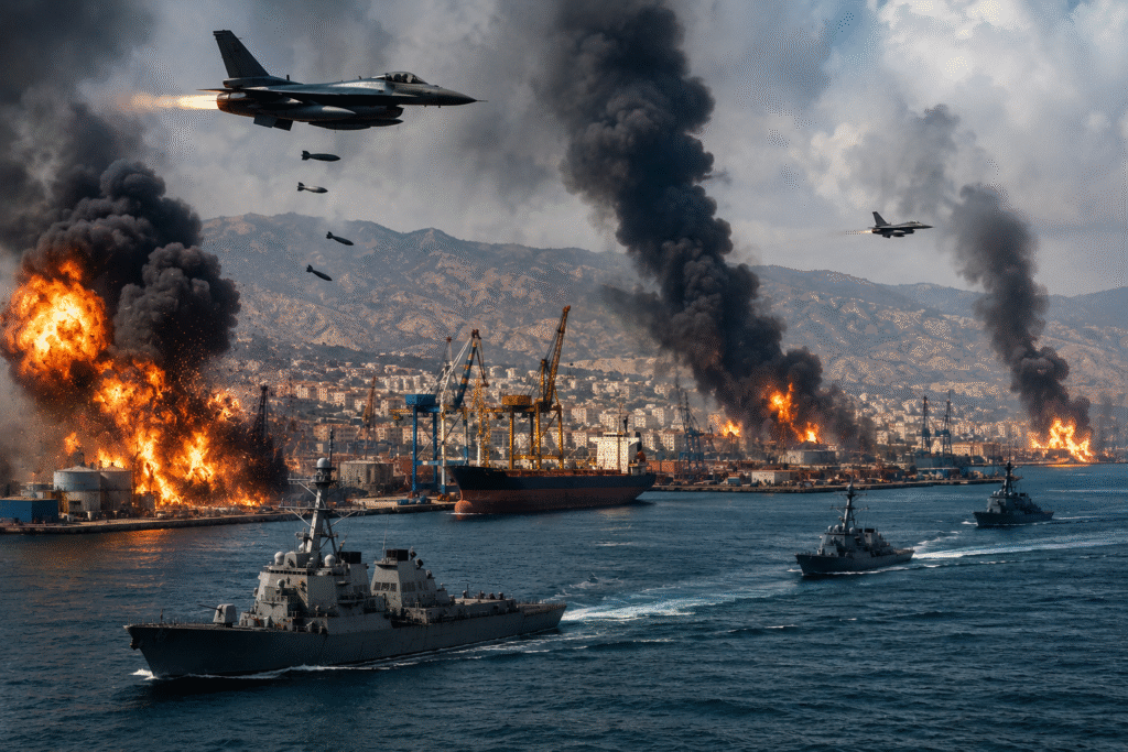 Explosions erupt across an Iranian coastal port as fighter jets fly overhead and naval warships move through the Strait of Hormuz during escalating military conflict between the United States and Iran.