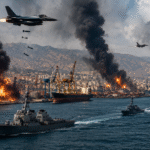 Explosions erupt across an Iranian coastal port as fighter jets fly overhead and naval warships move through the Strait of Hormuz during escalating military conflict between the United States and Iran.