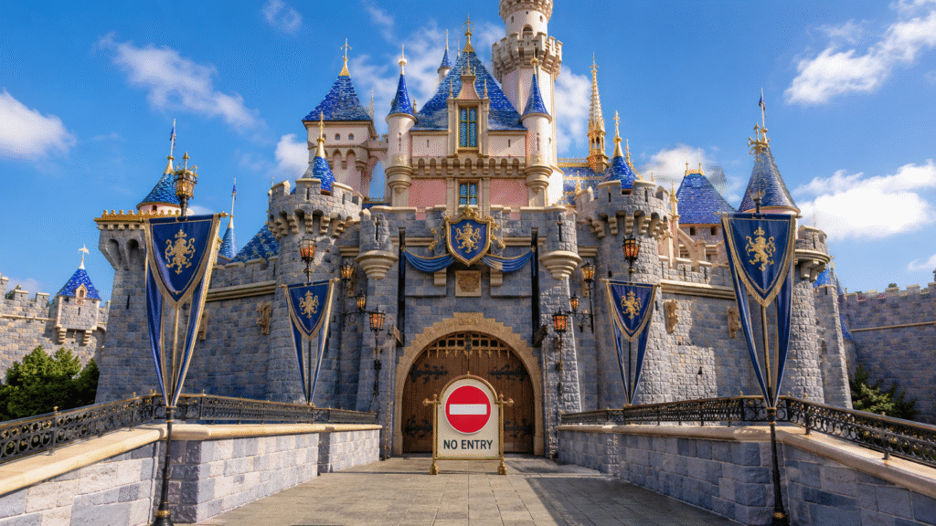 Fantasy-style castle with blue rooftops and stone towers viewed from a bridge entrance, featuring a large red “No Entry” sign blocking the main castle doors under a bright blue sky.