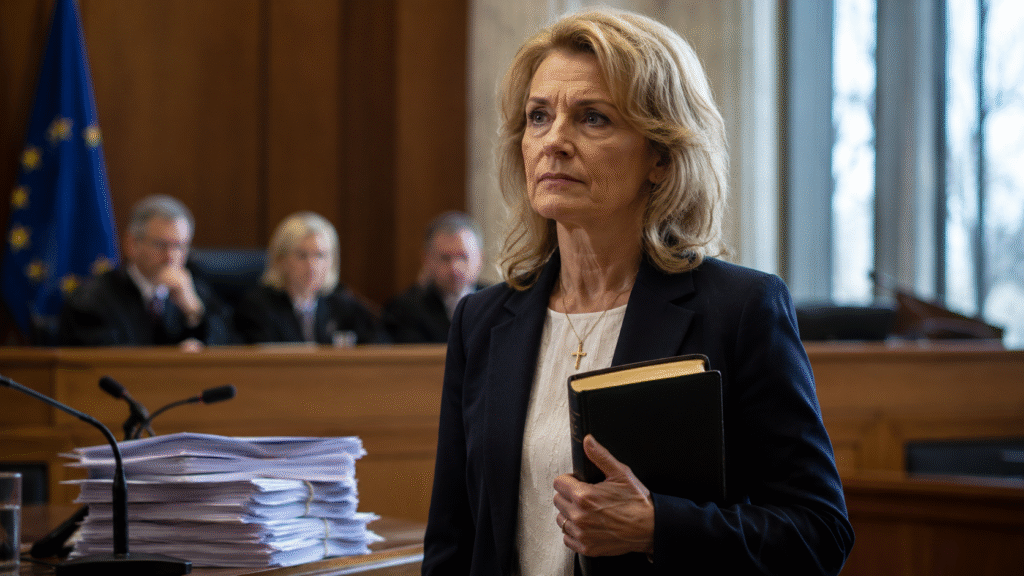 Female European politician stands in a courtroom holding a Bible as judges sit in the background during a religious freedom and free speech legal case.