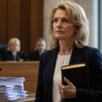 Female European politician stands in a courtroom holding a Bible as judges sit in the background during a religious freedom and free speech legal case.