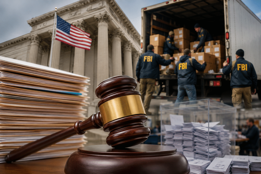 Judge’s gavel, election ballots, and FBI agents loading boxes outside a courthouse during a federal investigation into Fulton County’s 2020 election records.